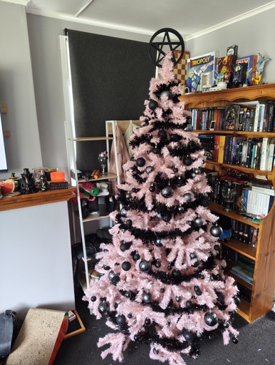 A synthetic pink conifer tree celebrating the holidays and new year, decorated in black tinsel and balls and crowned with a large pentagram. Located in the corner of a room with black carpet, a bookshelf to the right and a mantelpiece to the left