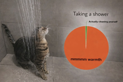 [Image of a cat under a shower stream, enjoying itself.] [Image of a pie chart for "Taking a Shower". A tiny slice is "Actually cleaning yourself." The rest is "mmmm mwarmth"]