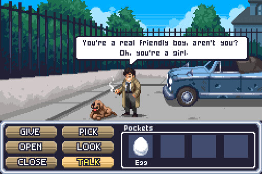 mockup of a point and click gameabout columbo, he is talking to a dog, he says "Youre a real friendly boy, arent you? oh, youre a girl" on the bottom half you can see columbos inventory, he has an egg in his pocket