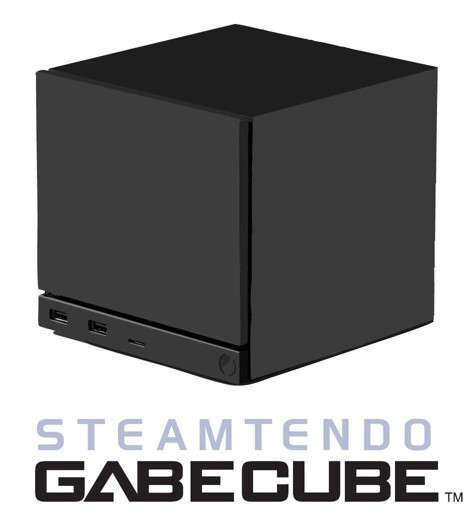 Image of a black cube-shaped gaming console with ports on the front (Steam Machine), labeled "STEAMTENDO GABE CUBE™."