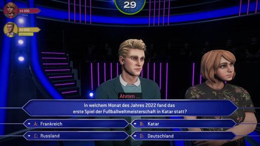 Bildschirmfoto aus einem Wer wird Millionär Videospiel. Frage: "In welchem Monat des Jahres 2022 fand das erste Spiel der Fußballweltmeisterschaft in Katar statt?", A: "Frankreich", B: "Katar", C: "Russland", D: "Deutschland"