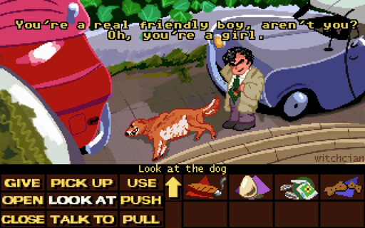 a pixel art scene of Columbo doddering around rendered in a style reminiscent of LucasArts' Point and Click adventure games. Columbo is looking at a dog resting on the ground, with the inspect dialogue: "You're a real friendly boy aren't you? Oh, you're a girl." In his inventory is a cigar, an egg, some sunflower seeds and some dog treats.