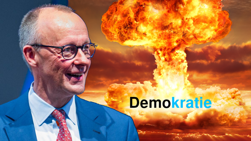 Satiristisch: Friedrich Merz sieht voller freude auf ein nuklearen Pilz auf dem Demokratie in den Farben der CDU und AfD geschrieben steht.