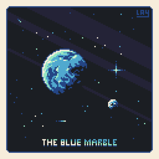 A blue themed pixelart showing planet Earth and Luna.