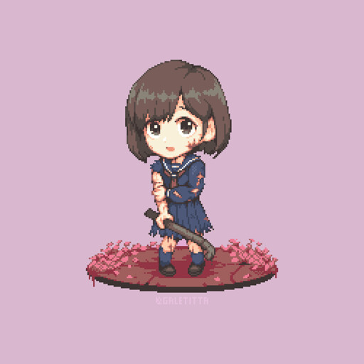 A chibi pixel art illustration of Shimizu Hinako from Silent Hill f, surrounded by a bunch of petals.