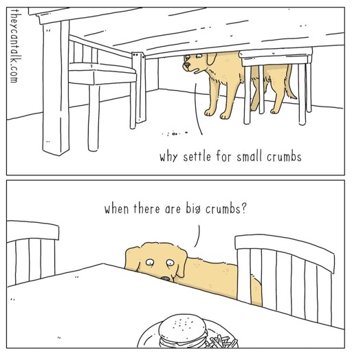 Cartoon of dog sneaking up on a dinner plate of food saying "why settle for small crumbs when there are big crumbs?" 