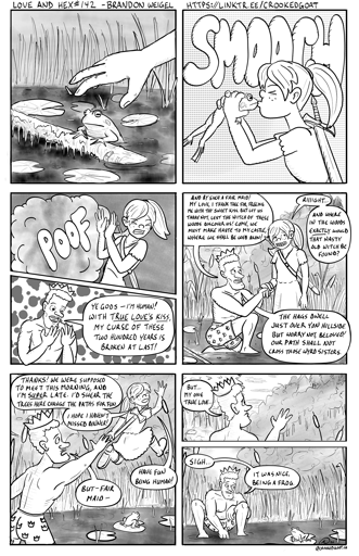 Page 142 from the comic Love and Hex. Full transcript: https://crookedgoat.ca/comic/142/#comic-page  Tamidla kisses a frog.