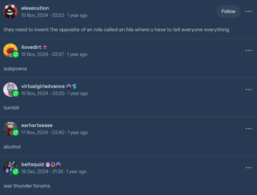 A series of Tumblr posts, starting with blogger elexecution saying "they need to invent the opposite of an nda called an fda where u have to tell everyone everything", and users chime in on three different reblogs saying "subpoena", "tumblr", "alcohol" and "war thunder forums".