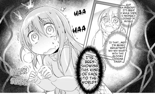 Crop of a page from Bocchi the Rock Anthology Comic. Bocchi is looking terrified at a mirror. Her internal monologue reads: "Eh? A mirror?! It's been a while I properly looked at myself. Is that... me?! I'm being reflected?! What's with this gloomy looking face? I've been showing this kind of face to the world?!"