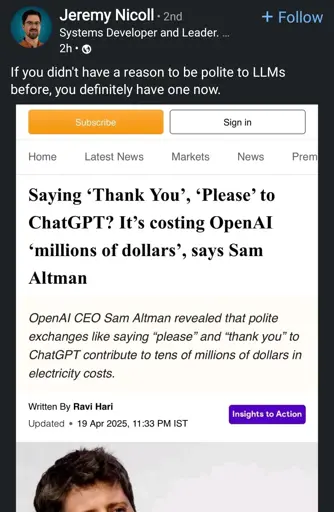 screenshot of article on LinkedIn that says being polite to LLMs costs OpenAI millions of dollars