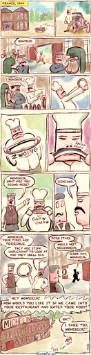 This is a comic  Panel 1: A caption says: "FRANCE, 1900" Claude, a professional cook in his work attire, arrives driving a very old-fashioned car from that era. He stops in front of a large open factory door.  Panel 2: Claude walks into the factory hall. Inside, men are busily making bicycle and car tires.  Panel 3: Claude greets a worker and grabs a finished tire from a rack. Claude: "BONJOUR."  Panel 4: Claude holds the tire in front of him and examines it closely. He makes a disapproving face.  Panel 5: Claude stretches the tire.  Panel 6: Claude sniffs the tire.  Panel 7: Claude bites into the tire. At that moment, Victor, the factory director, approaches Claude with a serious expression. Victor: "MONSIEUR, WHAT ARE YOU DOING HERE?"  Panel 8: Claude narrows his eyes and gives a sinister look. Claude: "JUDGING."  Panel 9: Claude: "MONSIEUR, YOUR TIRES ARE TERRIBLE. THEY ARE STIFF, UNPLEASANT TO LOOK AT AND THEY SMELL BAD."  Panel 10: Claude walks back toward the same open door. Claude: "ZERO STARS. WOULD NOT RECOMMEND. GOOD DAY, MONSIEUR."  Panel 11: A wide shot of the factory. Claude drives away in his car. Victor stands in the doorway, calling after him. Victor: "HEY MONSIEUR! HOW WOULD YOU LIKE IT IF WE CAME INTO YOUR RESTAURANT AND RATED YOUR FOOD?" Claude: "I DARE YOU, MONSIEUR." The Michelin logo is visible at the top of the tire factory.